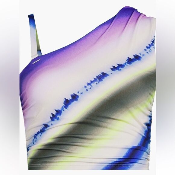 Land's End Ruched One Shoulder Midkini Egret White Ombré Stripes Tankini Top 10 - Picture 1 of 6